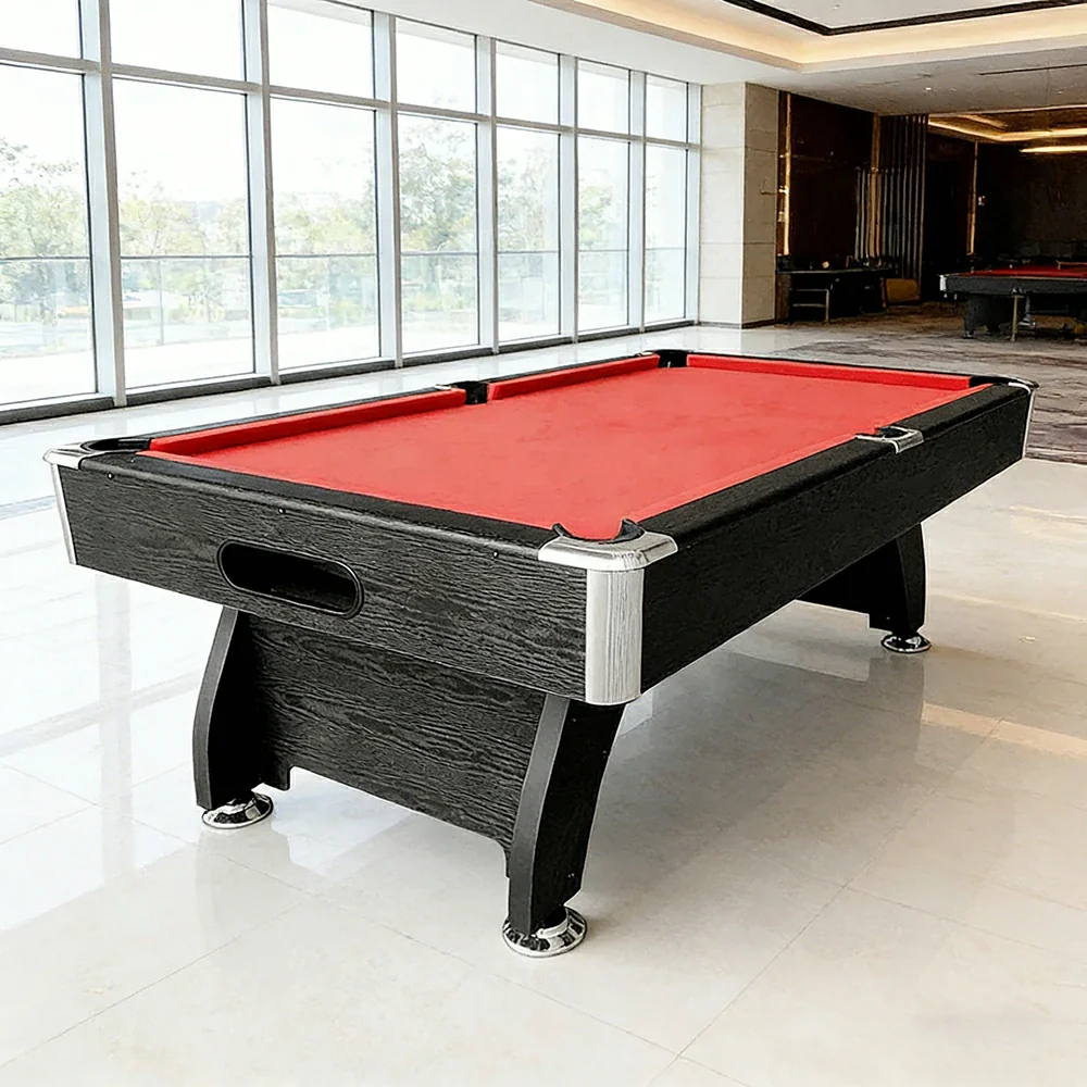CUETIQ 9FT MDF Pool Snooker Billiard Table - Modern Luxury Design with Ball Return System, Adjustable Leg Levellers, Full Accessories Included - Black Frame Red Felt - Image 2