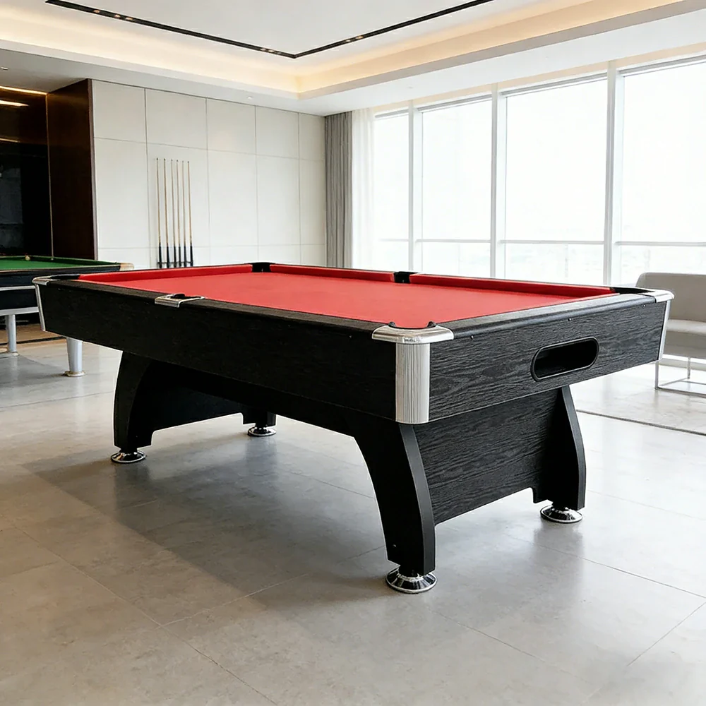 CUETIQ 9FT MDF Pool Snooker Billiard Table - Modern Luxury Design with Ball Return System, Adjustable Leg Levellers, Full Accessories Included - Black Frame Red Felt - Image 4