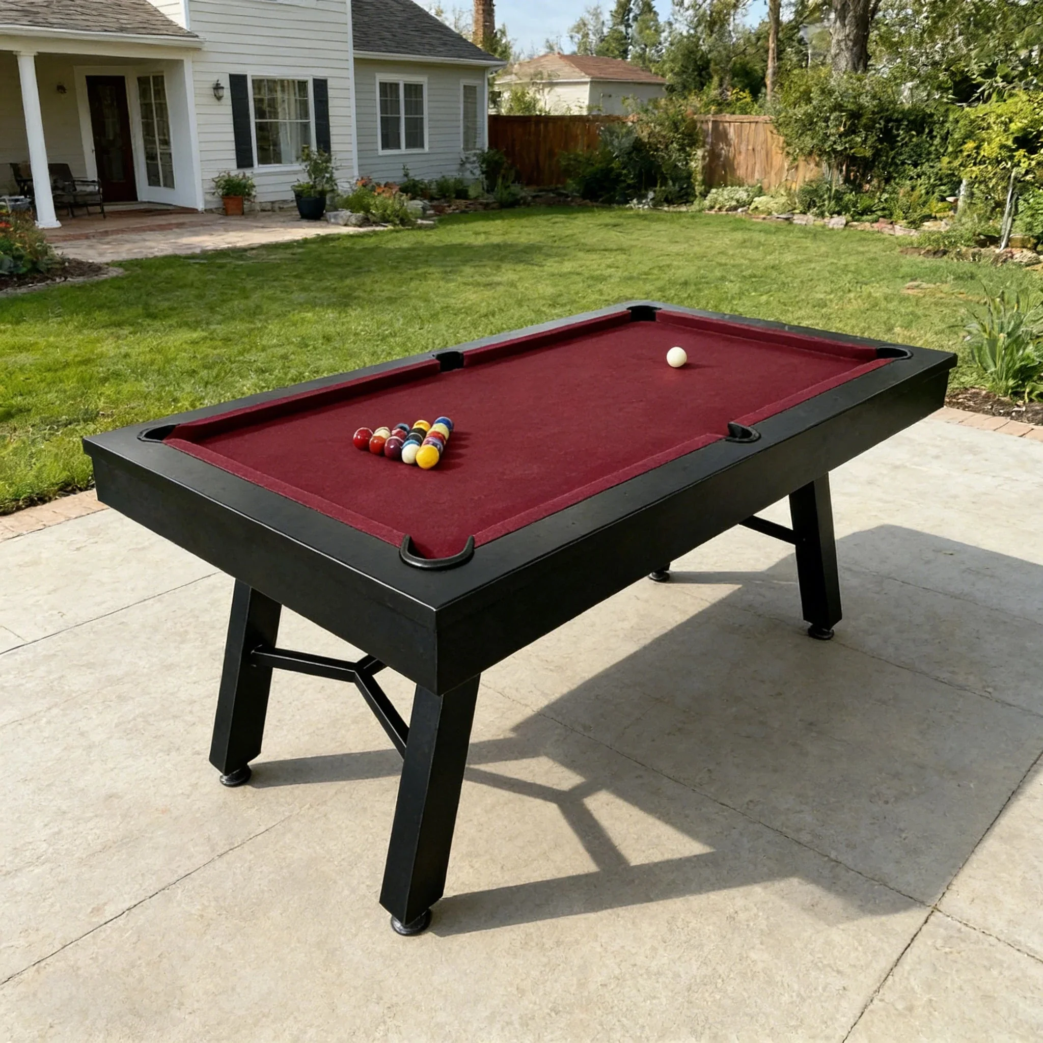 CUETIQ 7FT Outdoor Pool Table - Slanted Leg Design Metal Frame Waterproof Billiard Table for Backyard Patio Games - Black & Burgundy - Image 2