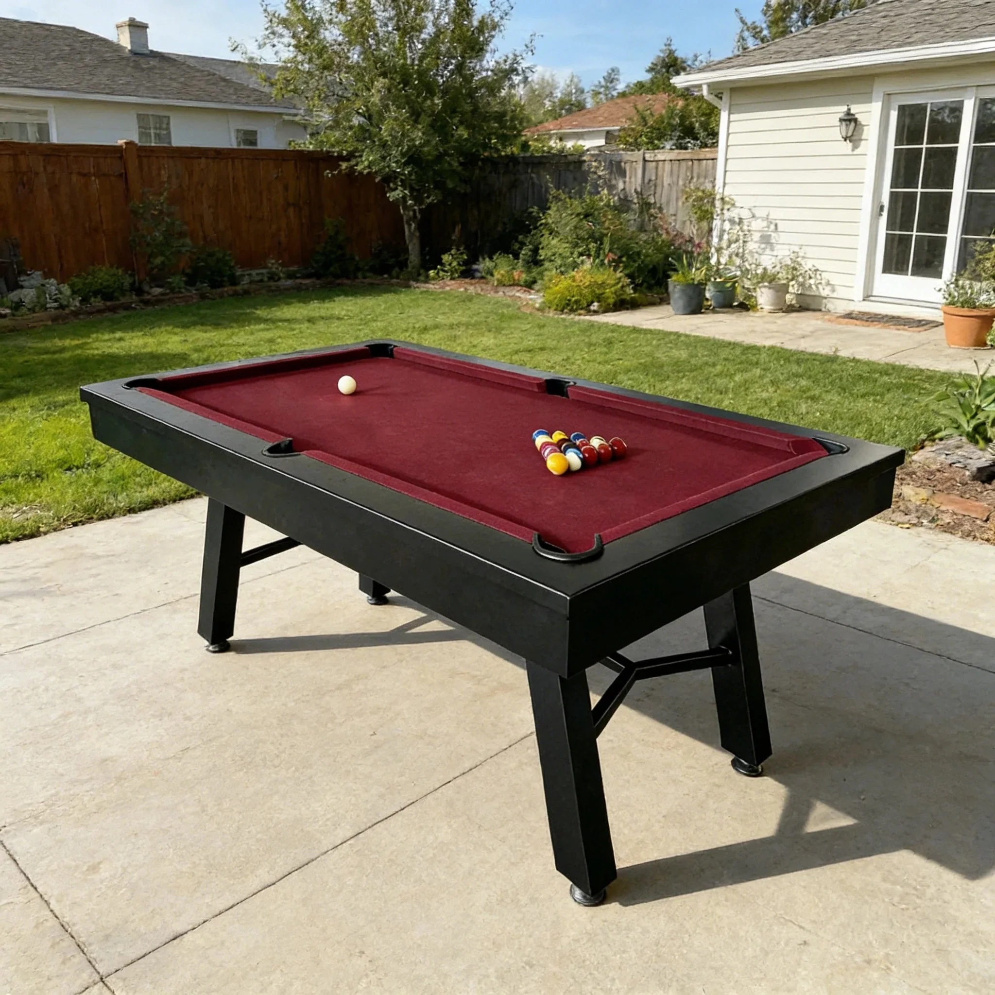 CUETIQ 7FT Outdoor Pool Table - Slanted Leg Design Metal Frame Waterproof Billiard Table for Backyard Patio Games - Black & Burgundy - Image 4