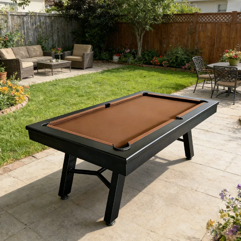 CUETIQ 7FT Outdoor Pool Table - Slanted Leg Design Metal Frame Waterproof Billiard Table for Backyard Patio Games - Black & Brown - Image 4
