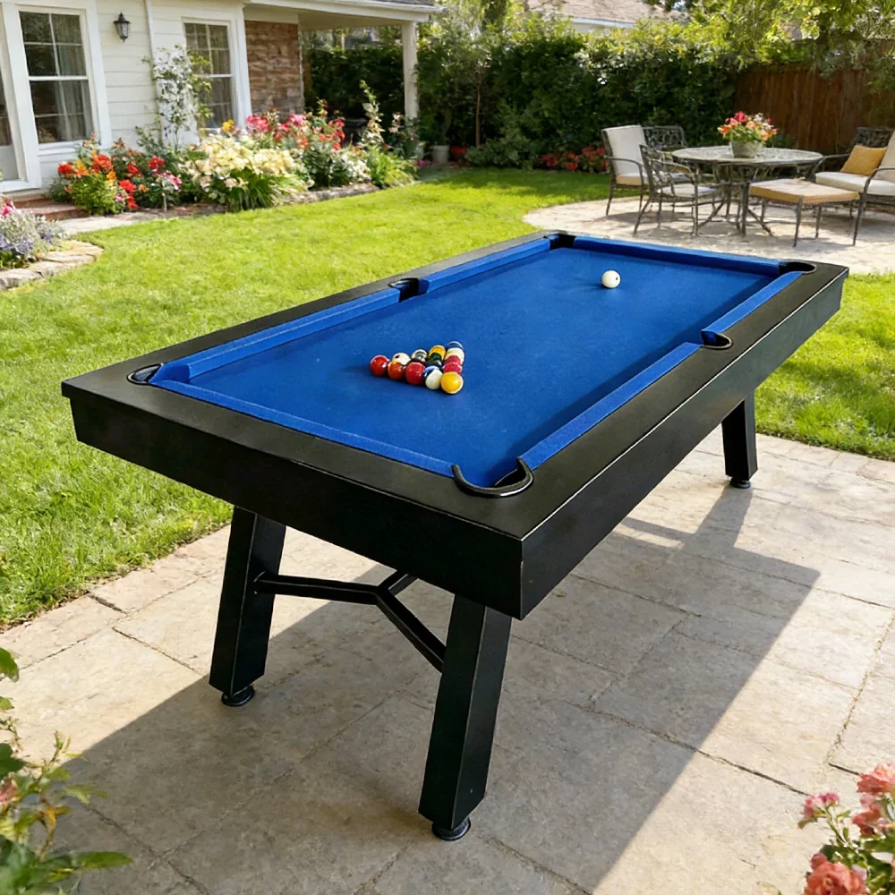 CUETIQ 7FT Outdoor Pool Table - Slanted Leg Design Metal Frame Waterproof Billiard Table for Backyard Patio Games - Black & Blue - Image 2