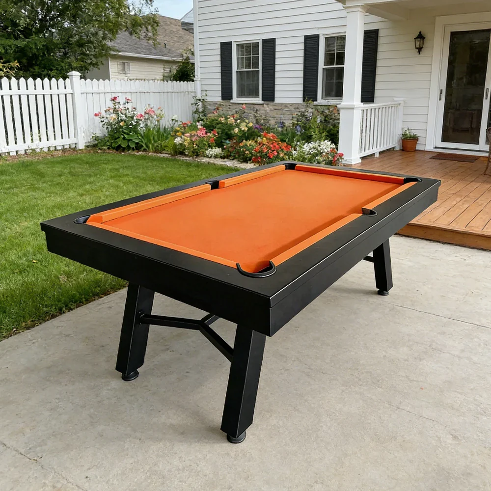 CUETIQ 7FT Outdoor Pool Table - Slanted Leg Design Metal Frame Waterproof Billiard Table for Backyard Patio Games - Black & Orange - Image 2