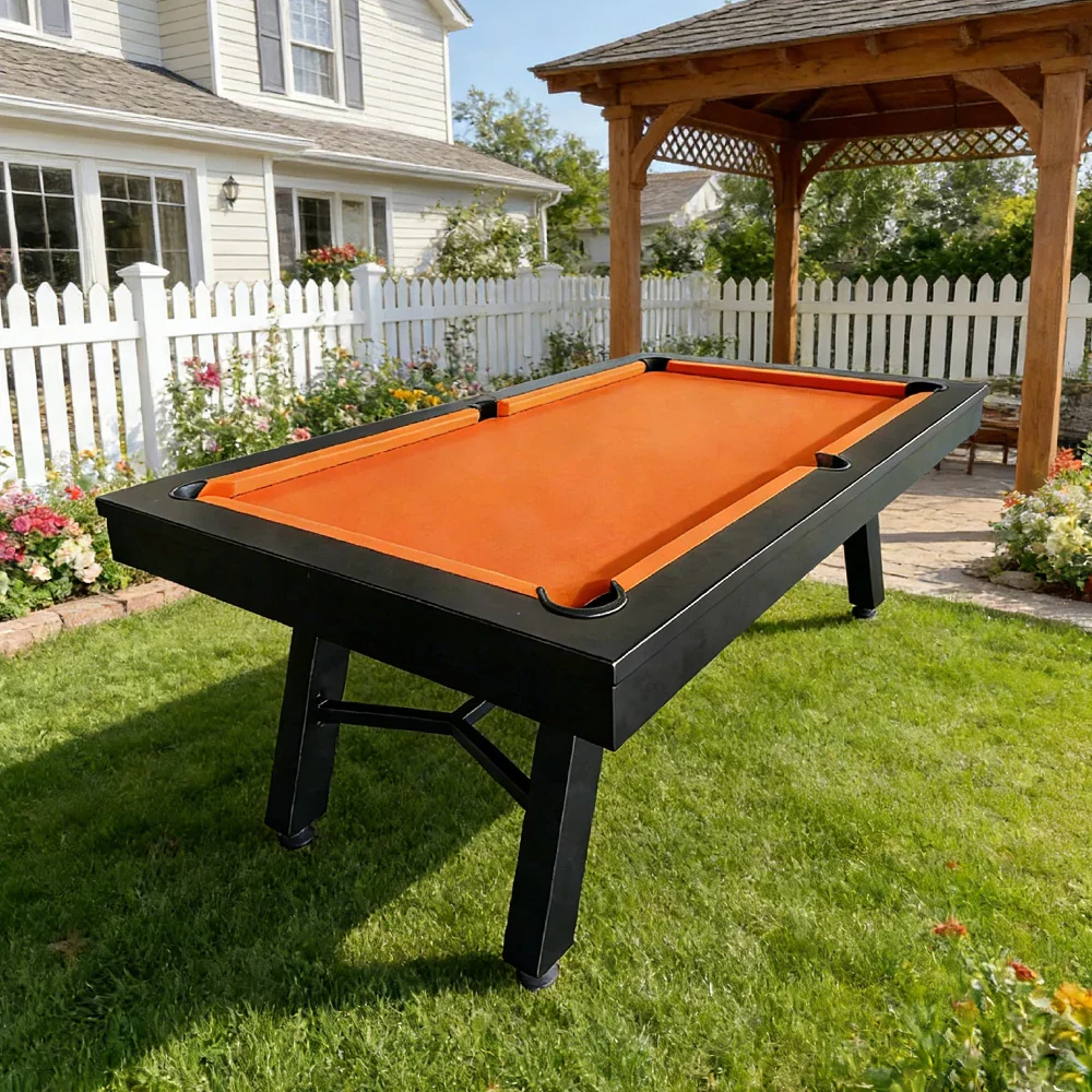 CUETIQ 7FT Outdoor Pool Table - Slanted Leg Design Metal Frame Waterproof Billiard Table for Backyard Patio Games - Black & Orange - Image 4