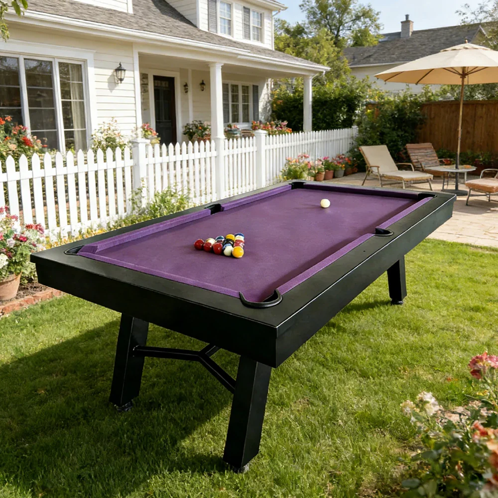 CUETIQ 7FT Outdoor Pool Table - Slanted Leg Design Metal Frame Waterproof Billiard Table for Backyard Patio Games - Black & Purple - Image 2
