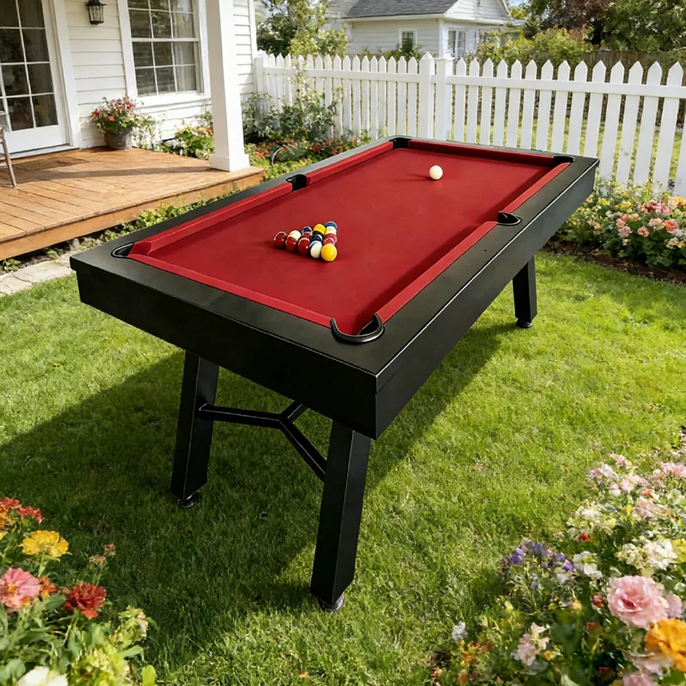 CUETIQ 7FT Outdoor Pool Table - Slanted Leg Design Metal Frame Waterproof Billiard Table for Backyard Patio Games - Black & Red - Image 4