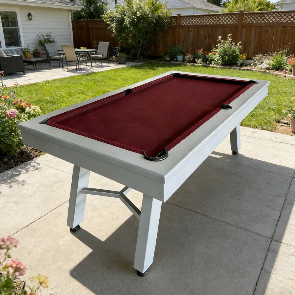 CUETIQ 7FT Outdoor Pool Table - Slanted Leg Design Metal Frame Waterproof Billiard Table for Backyard Patio Games - Grey & Burgundy - Image 2