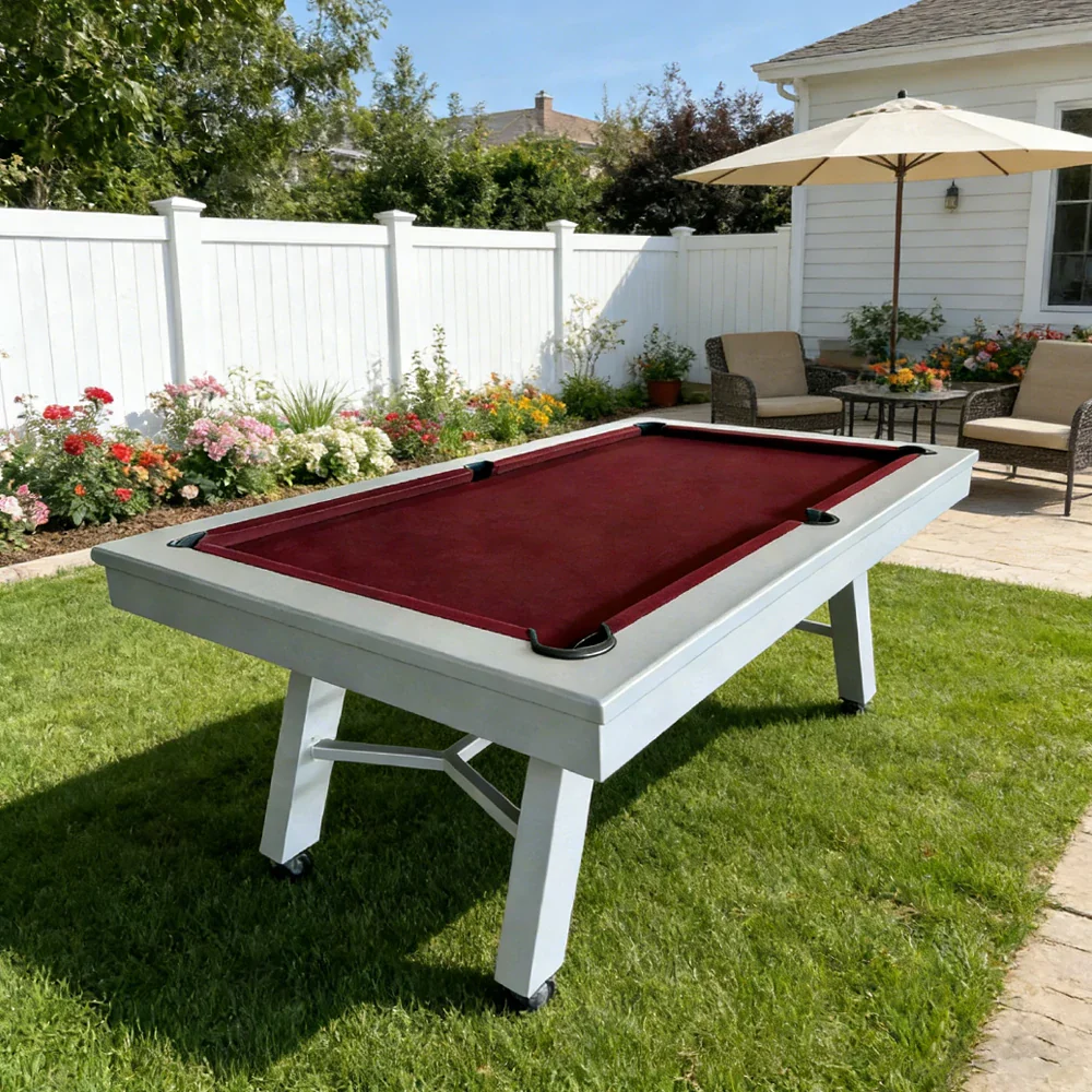 CUETIQ 7FT Outdoor Pool Table - Slanted Leg Design Metal Frame Waterproof Billiard Table for Backyard Patio Games - Grey & Burgundy - Image 4