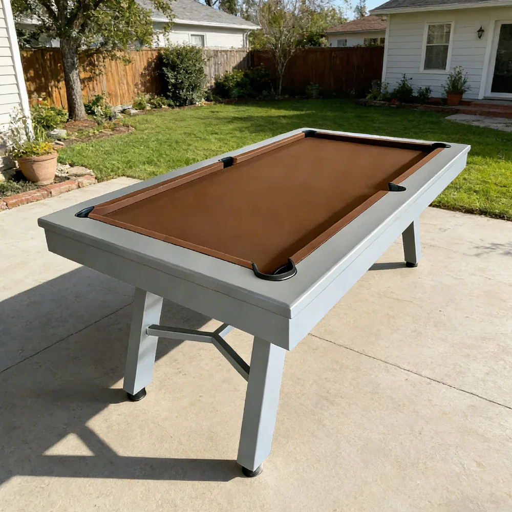 CUETIQ 7FT Outdoor Pool Table - Slanted Leg Design Metal Frame Waterproof Billiard Table for Backyard Patio Games - Grey & Brown - Image 2