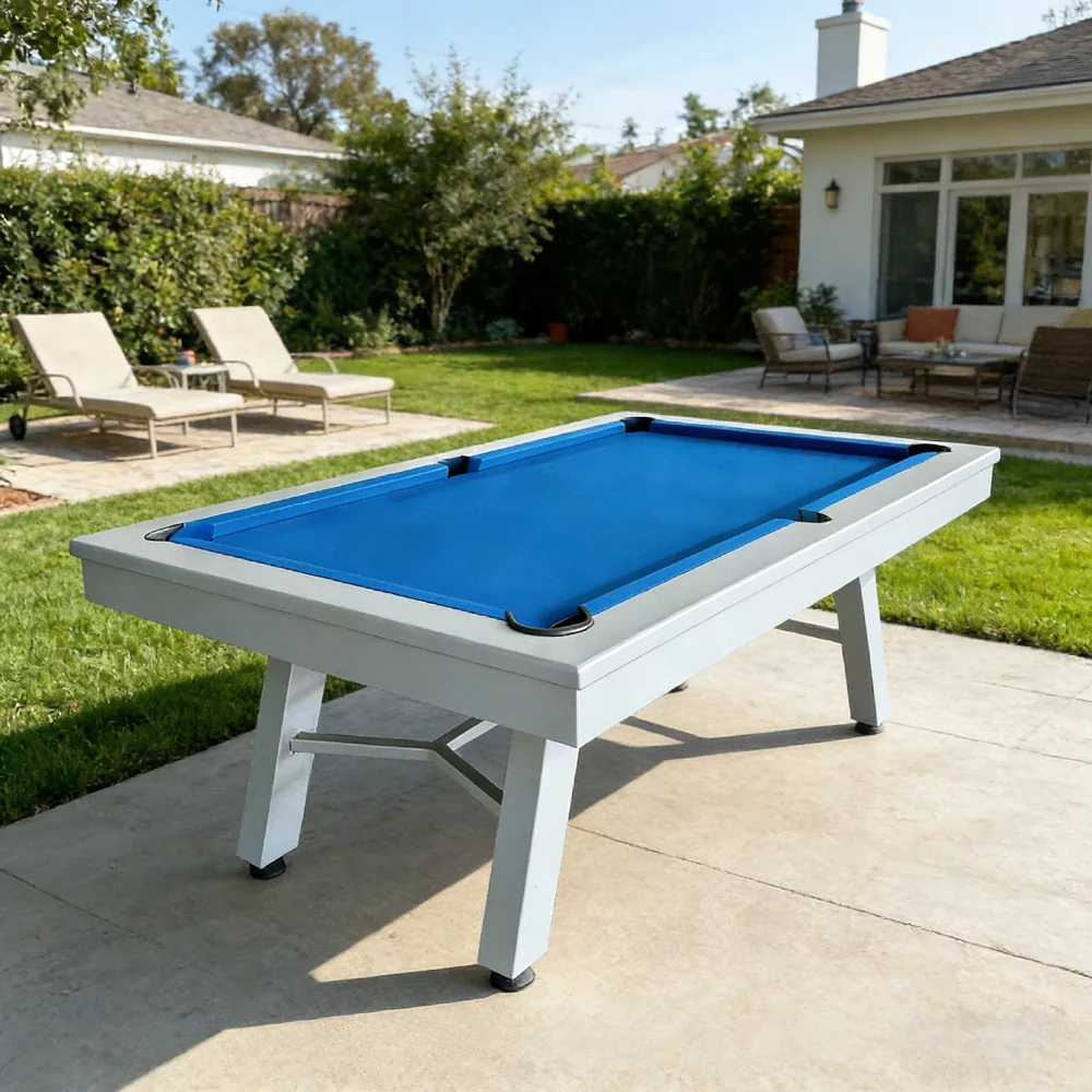 CUETIQ 7FT Outdoor Pool Table - Slanted Leg Design Metal Frame Waterproof Billiard Table for Backyard Patio Games - Grey & Blue - Image 4