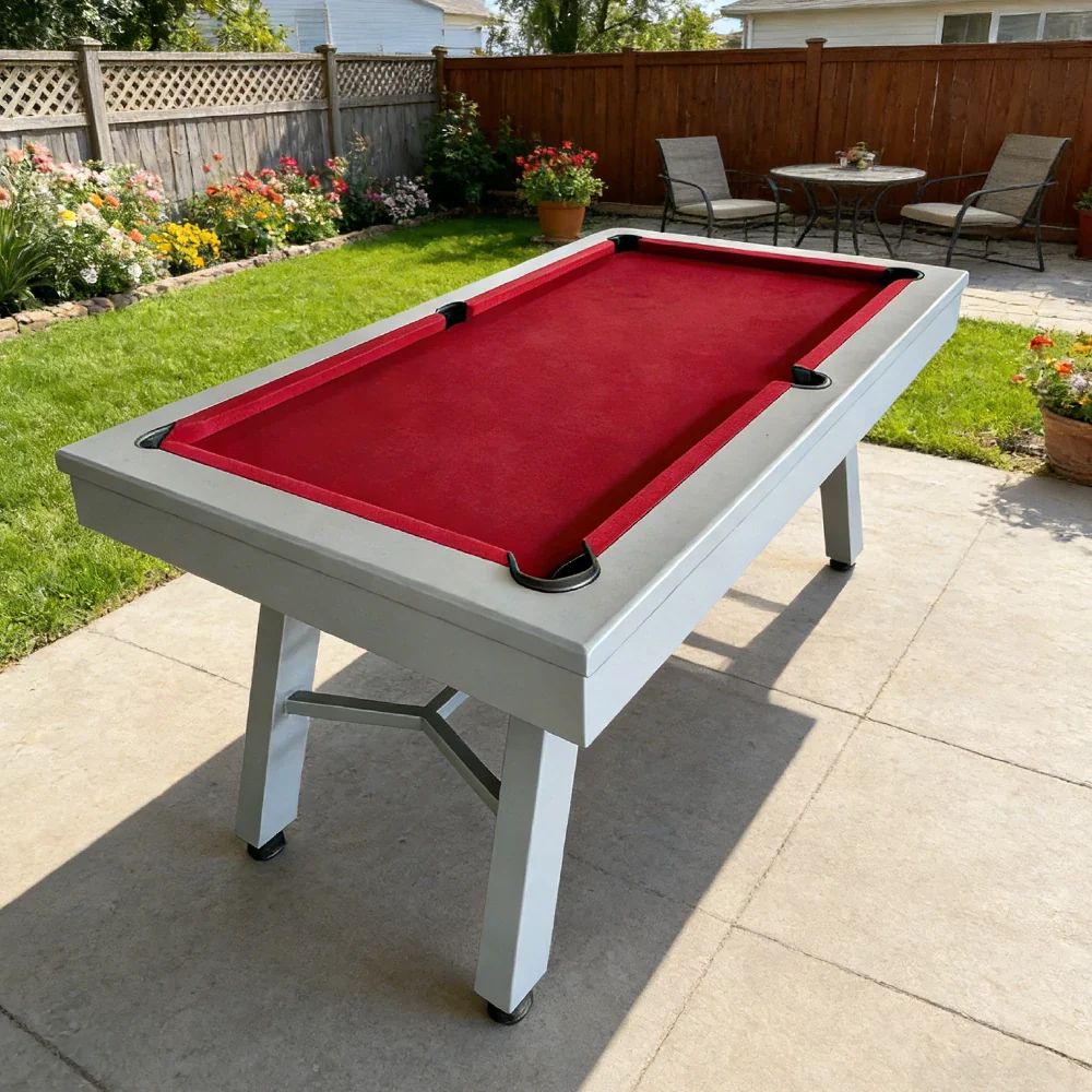 CUETIQ 7FT Outdoor Pool Table - Slanted Leg Design Metal Frame Waterproof Billiard Table for Backyard Patio Games - Grey & Red - Image 2