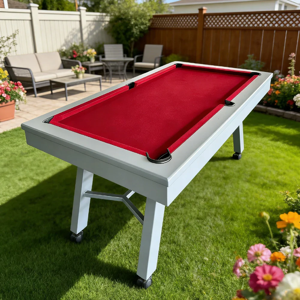 CUETIQ 7FT Outdoor Pool Table - Slanted Leg Design Metal Frame Waterproof Billiard Table for Backyard Patio Games - Grey & Red - Image 4