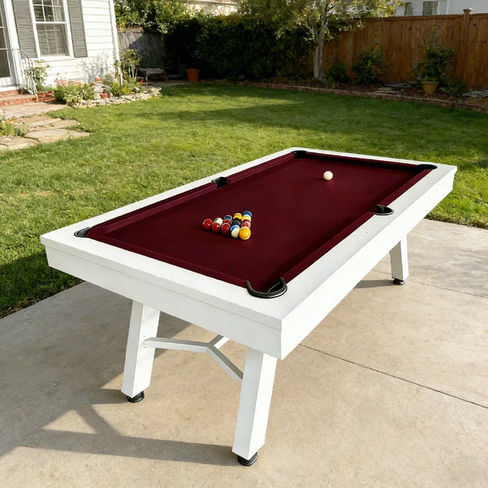 CUETIQ 7FT Outdoor Pool Table - Slanted Leg Design Metal Frame Waterproof Billiard Table for Backyard Patio Games - White & Burgundy - Image 2