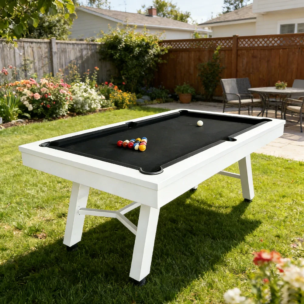 CUETIQ 7FT Outdoor Pool Table - Slanted Leg Design Metal Frame Waterproof Billiard Table for Backyard Patio Games - White & Black - Image 4
