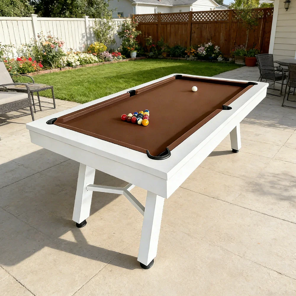 CUETIQ 7FT Outdoor Pool Table - Slanted Leg Design Metal Frame Waterproof Billiard Table for Backyard Patio Games - White & Brown - Image 2