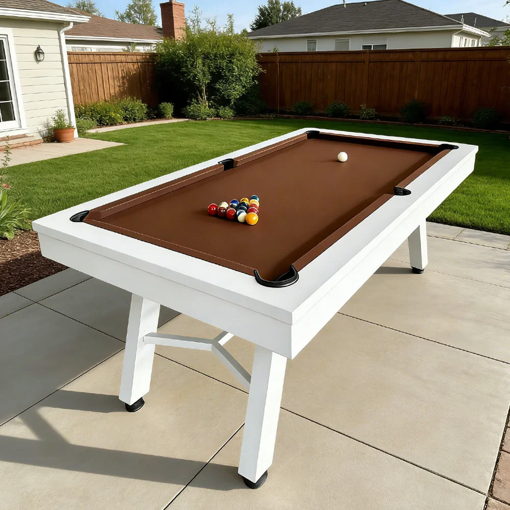CUETIQ 7FT Outdoor Pool Table - Slanted Leg Design Metal Frame Waterproof Billiard Table for Backyard Patio Games - White & Brown - Image 4