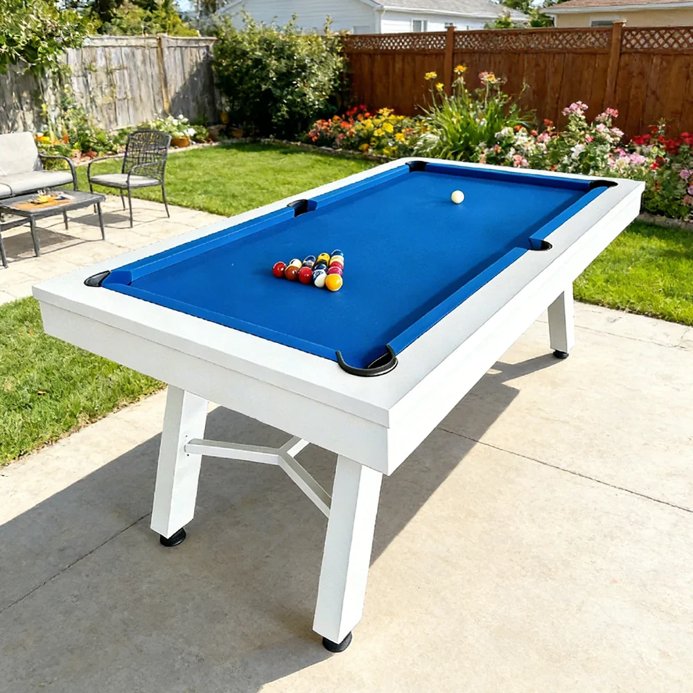CUETIQ 7FT Outdoor Pool Table - Slanted Leg Design Metal Frame Waterproof Billiard Table for Backyard Patio Games - White & Blue - Image 4