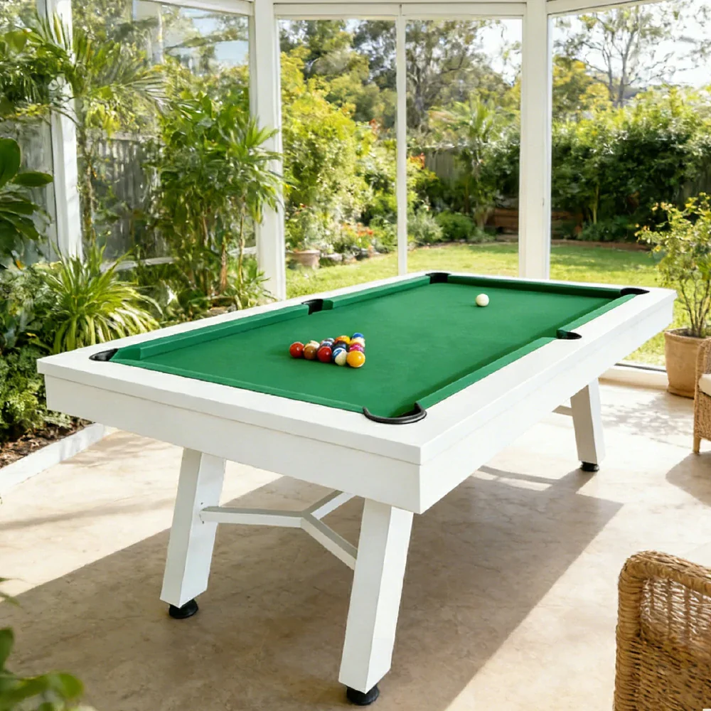 CUETIQ 7FT Outdoor Pool Table - Slanted Leg Design Metal Frame Waterproof Billiard Table for Backyard Patio Games - White & Green - Image 4