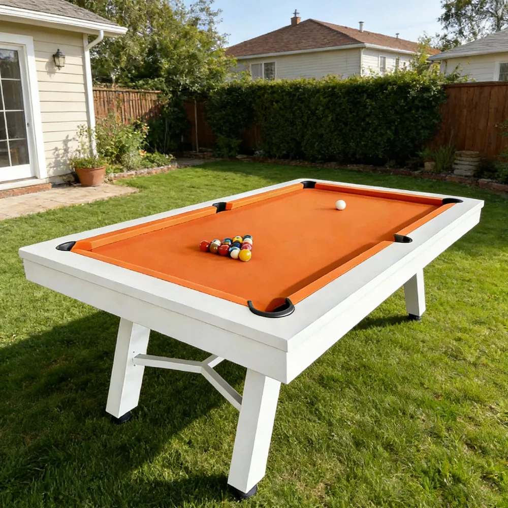CUETIQ 7FT Outdoor Pool Table - Slanted Leg Design Metal Frame Waterproof Billiard Table for Backyard Patio Games - White & Orange - Image 2