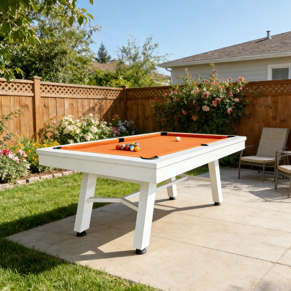 CUETIQ 7FT Outdoor Pool Table - Slanted Leg Design Metal Frame Waterproof Billiard Table for Backyard Patio Games - White & Orange - Image 4