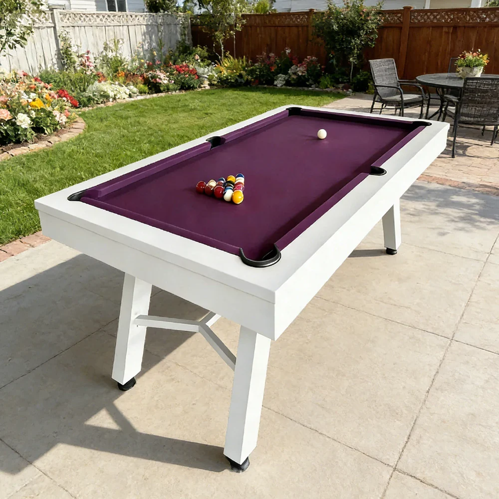 CUETIQ 7FT Outdoor Pool Table - Slanted Leg Design Metal Frame Waterproof Billiard Table for Backyard Patio Games - White & Purple - Image 2