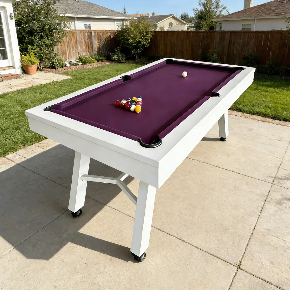 CUETIQ 7FT Outdoor Pool Table - Slanted Leg Design Metal Frame Waterproof Billiard Table for Backyard Patio Games - White & Purple - Image 4