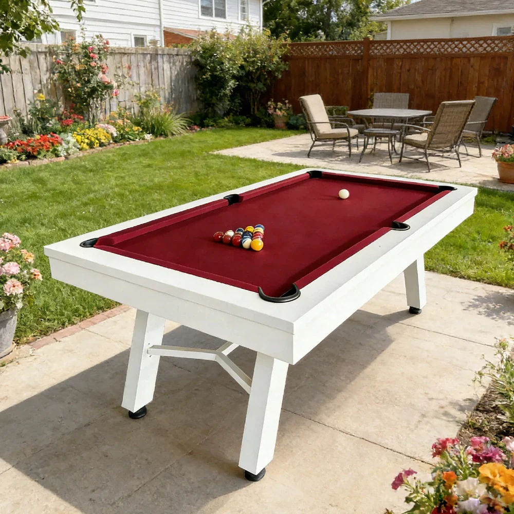 CUETIQ 7FT Outdoor Pool Table - Slanted Leg Design Metal Frame Waterproof Billiard Table for Backyard Patio Games - White & Red - Image 2