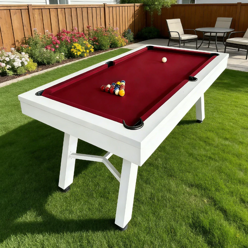 CUETIQ 7FT Outdoor Pool Table - Slanted Leg Design Metal Frame Waterproof Billiard Table for Backyard Patio Games - White & Red - Image 4