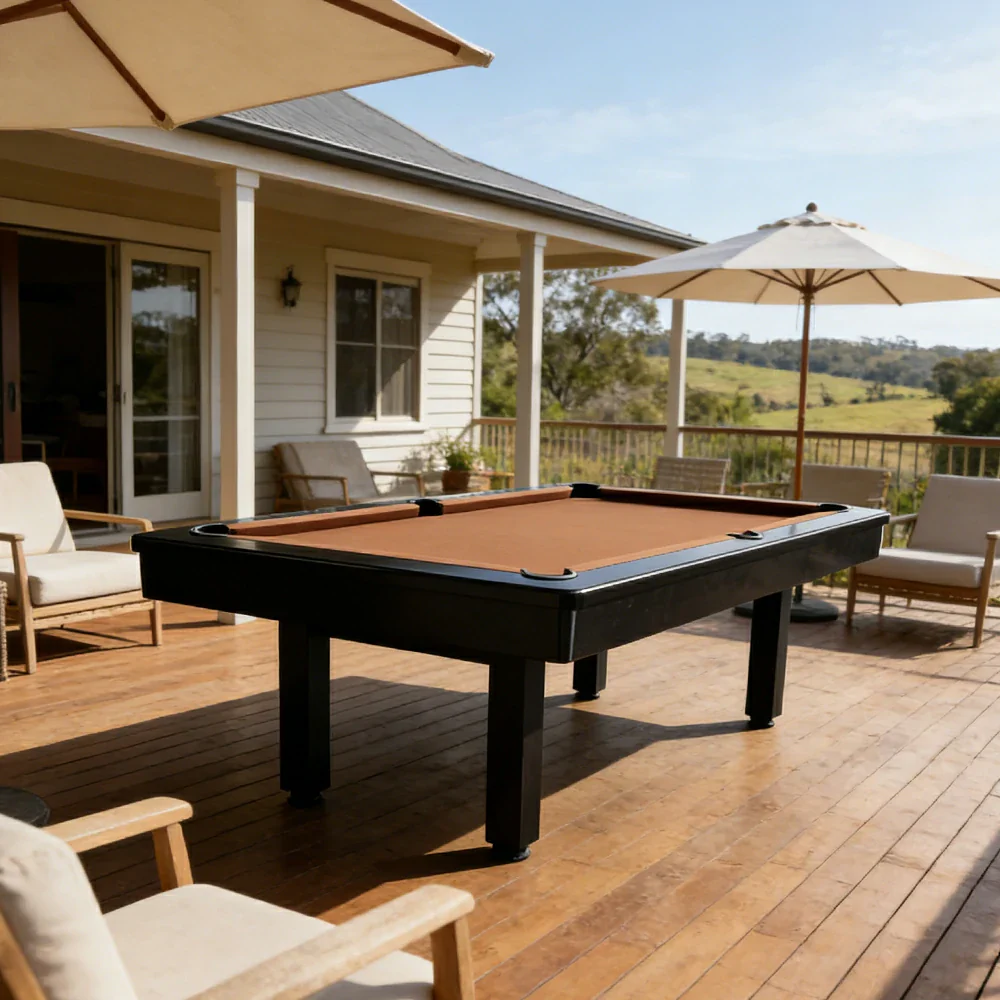 CUETIQ 7FT Outdoor Pool Table - Straight Leg Design Metal Frame Waterproof Billiard Table for Backyard Patio Games - Black & Brown - Image 2