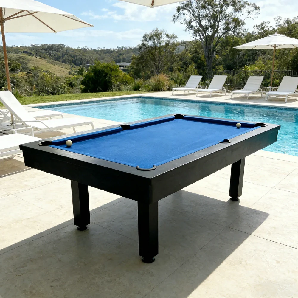 CUETIQ 7FT Outdoor Pool Table - Straight Leg Design Metal Frame Waterproof Billiard Table for Backyard Patio Games - Black & Blue - Image 2