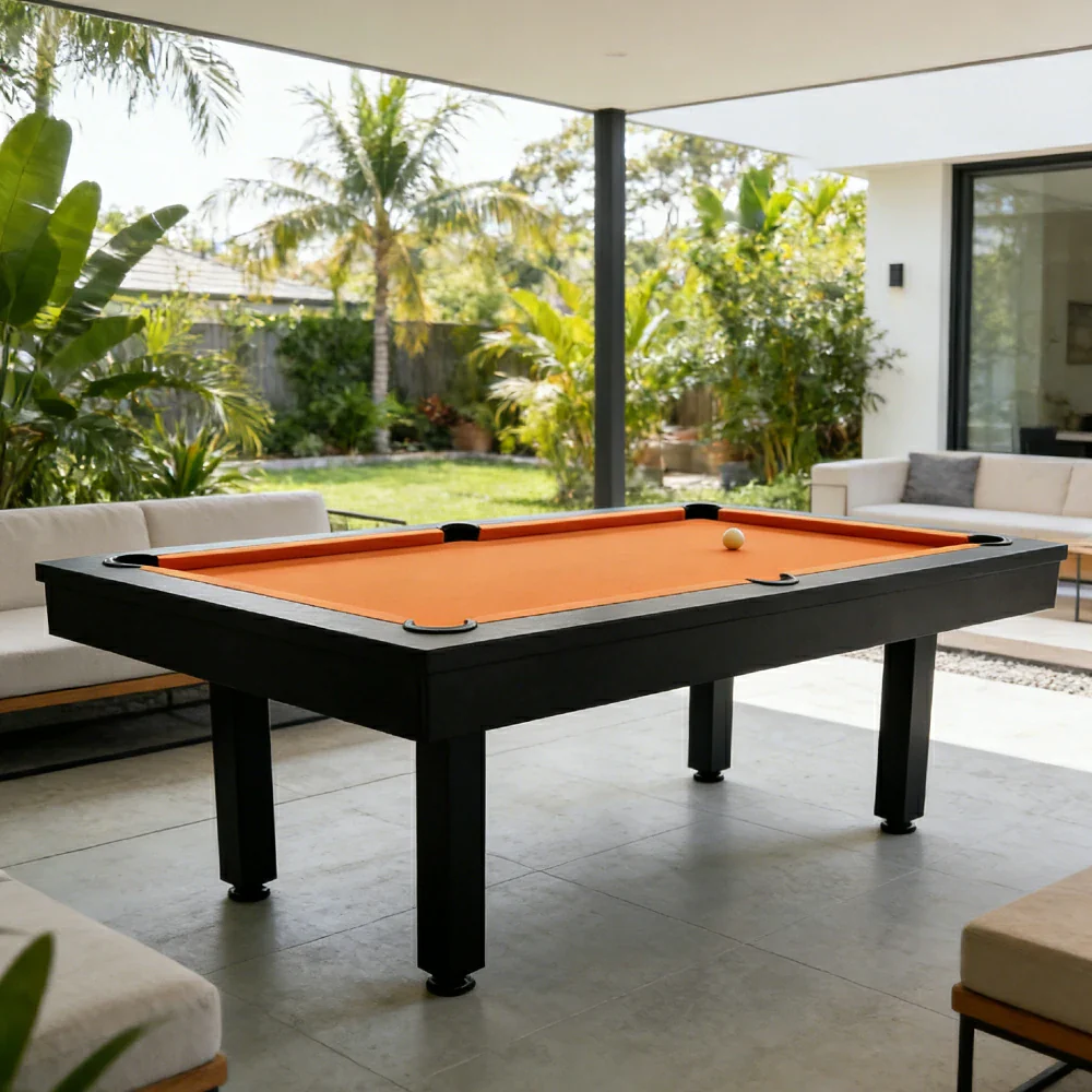CUETIQ 7FT Outdoor Pool Table - Straight Leg Design Metal Frame Waterproof Billiard Table for Backyard Patio Games - Black & Orange - Image 2