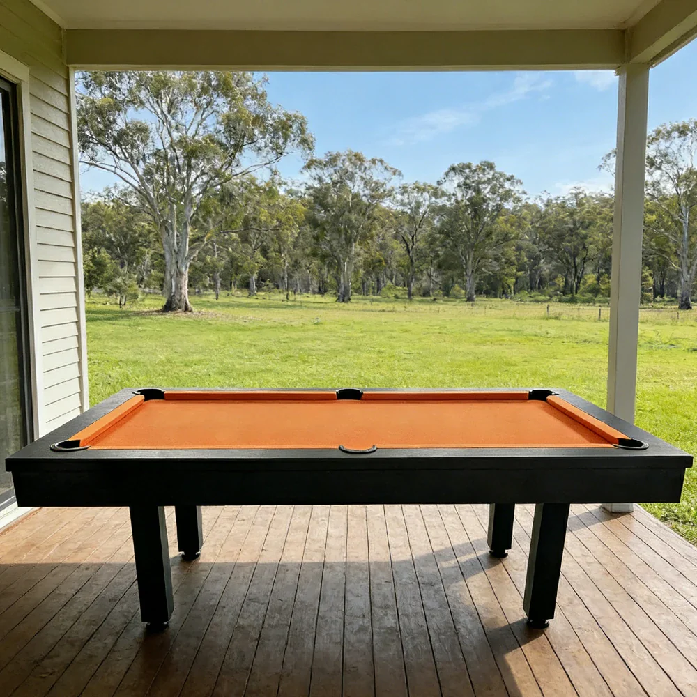 CUETIQ 7FT Outdoor Pool Table - Straight Leg Design Metal Frame Waterproof Billiard Table for Backyard Patio Games - Black & Orange - Image 4