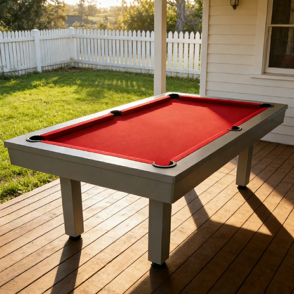 CUETIQ 7FT Outdoor Pool Table - Straight Leg Design Metal Frame Waterproof Billiard Table for Backyard Patio Games - Grey & Red - Image 2