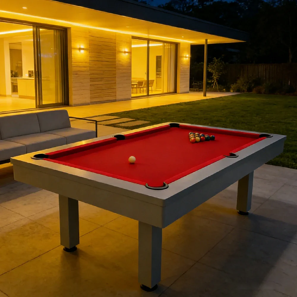 CUETIQ 7FT Outdoor Pool Table - Straight Leg Design Metal Frame Waterproof Billiard Table for Backyard Patio Games - Grey & Red - Image 4