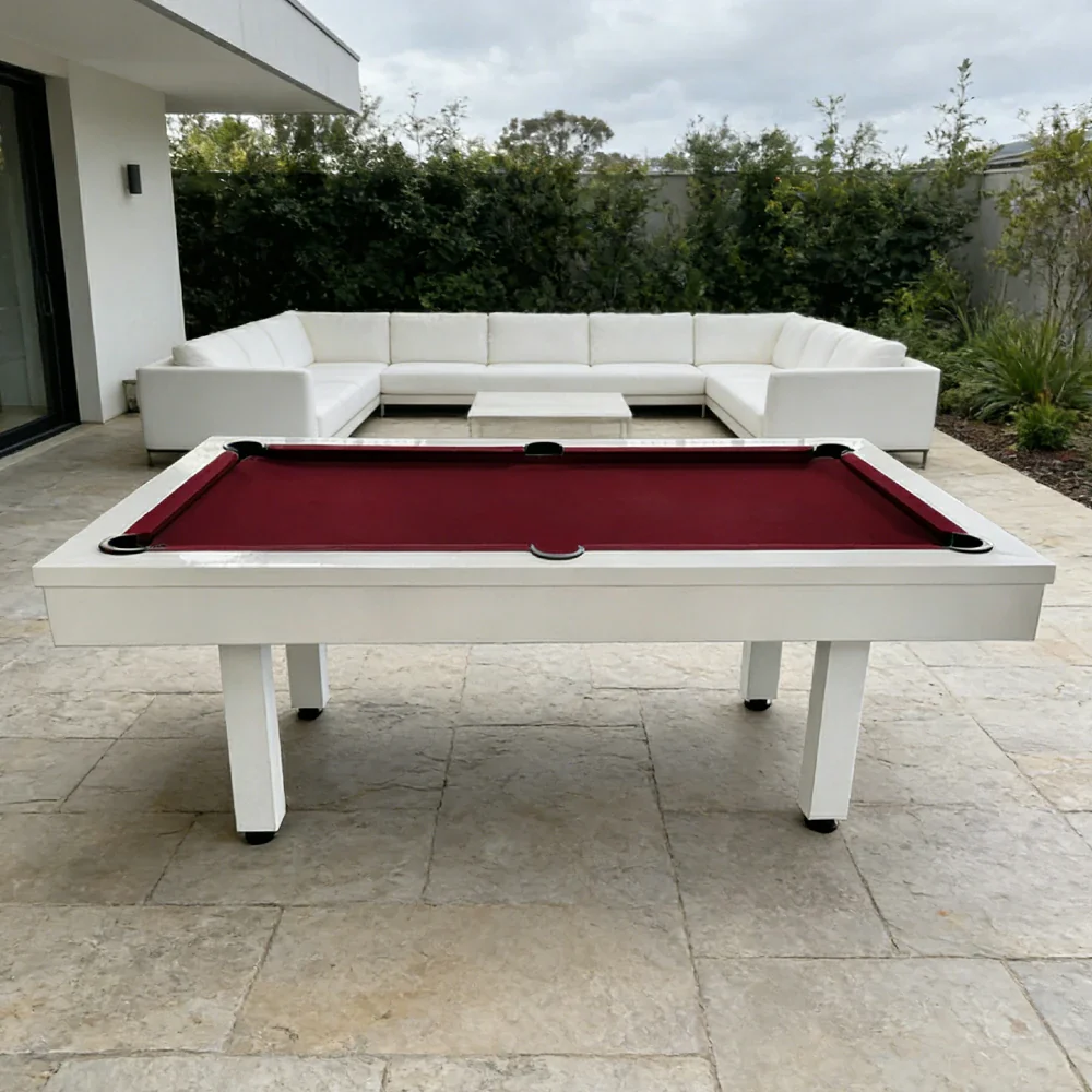 CUETIQ 7FT Outdoor Pool Table - Straight Leg Design Metal Frame Waterproof Billiard Table for Backyard Patio Games - White & Burgundy - Image 2