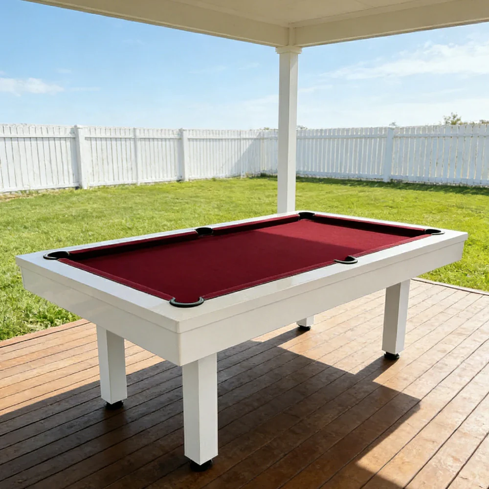 CUETIQ 7FT Outdoor Pool Table - Straight Leg Design Metal Frame Waterproof Billiard Table for Backyard Patio Games - White & Burgundy - Image 4