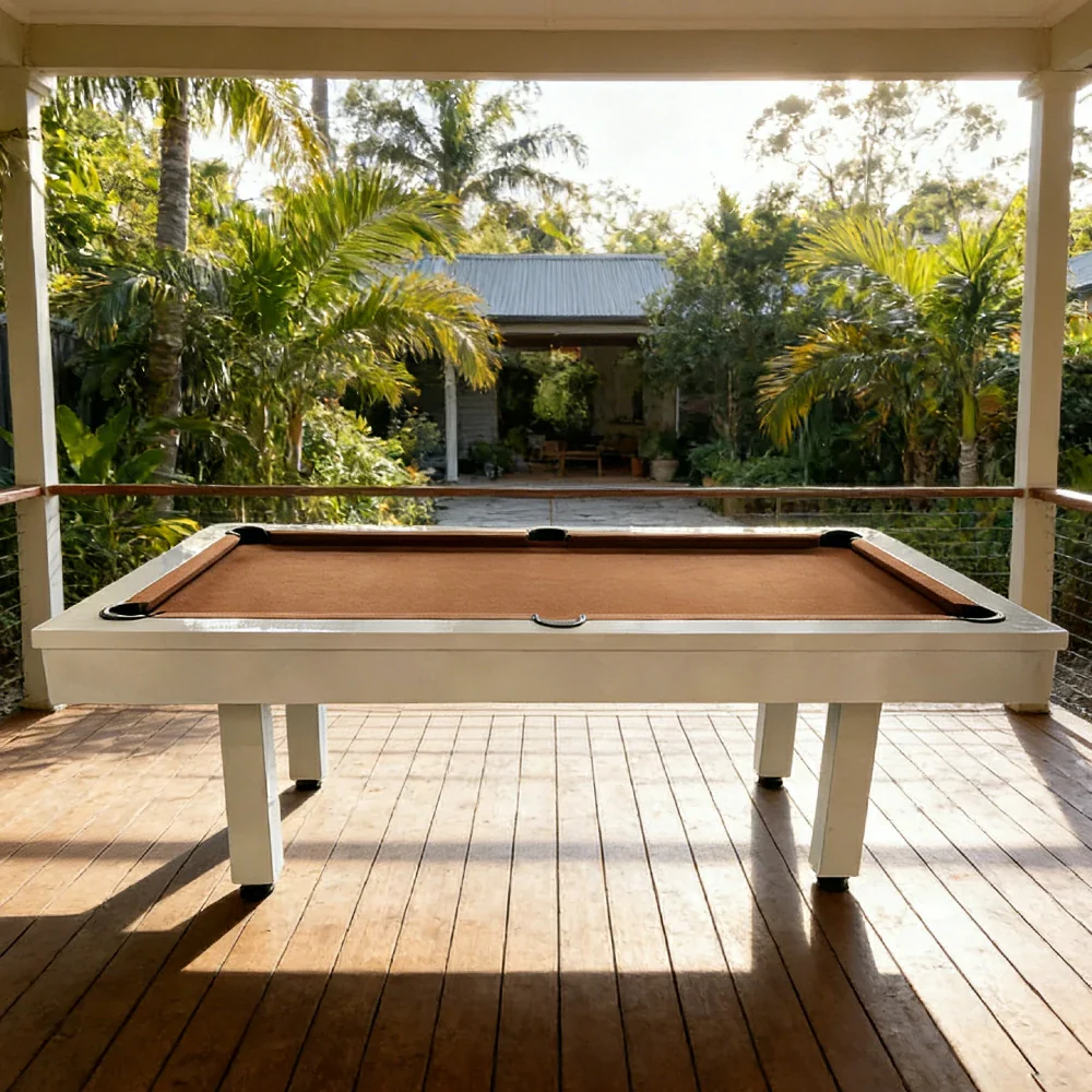 CUETIQ 7FT Outdoor Pool Table - Straight Leg Design Metal Frame Waterproof Billiard Table for Backyard Patio Games - White & Brown - Image 2