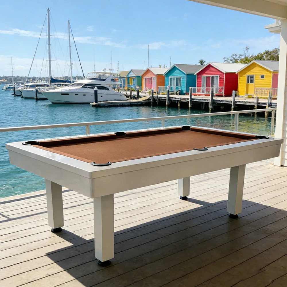 CUETIQ 7FT Outdoor Pool Table - Straight Leg Design Metal Frame Waterproof Billiard Table for Backyard Patio Games - White & Brown - Image 4