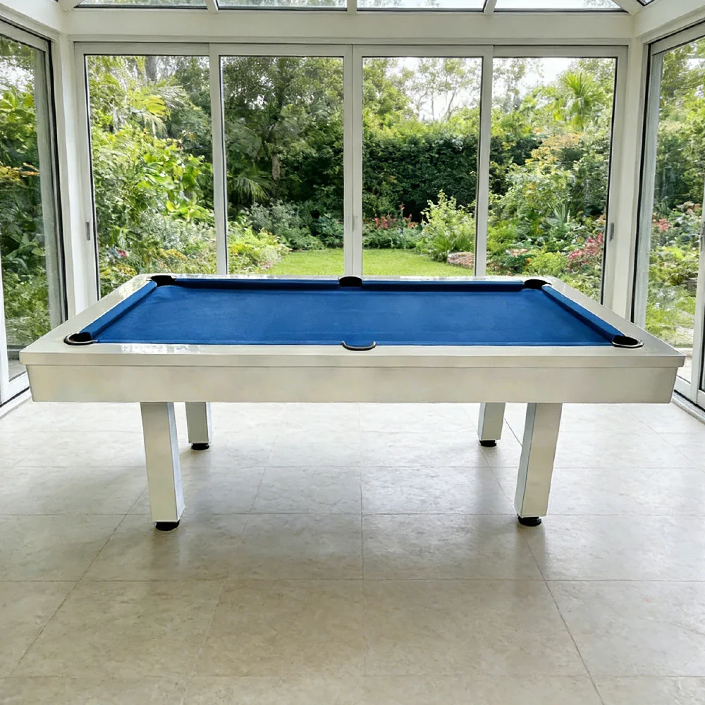 CUETIQ 7FT Outdoor Pool Table - Straight Leg Design Metal Frame Waterproof Billiard Table for Backyard Patio Games - White & Blue - Image 2