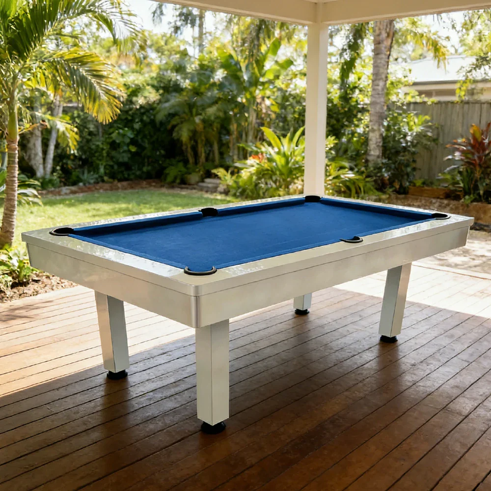 CUETIQ 7FT Outdoor Pool Table - Straight Leg Design Metal Frame Waterproof Billiard Table for Backyard Patio Games - White & Blue - Image 4