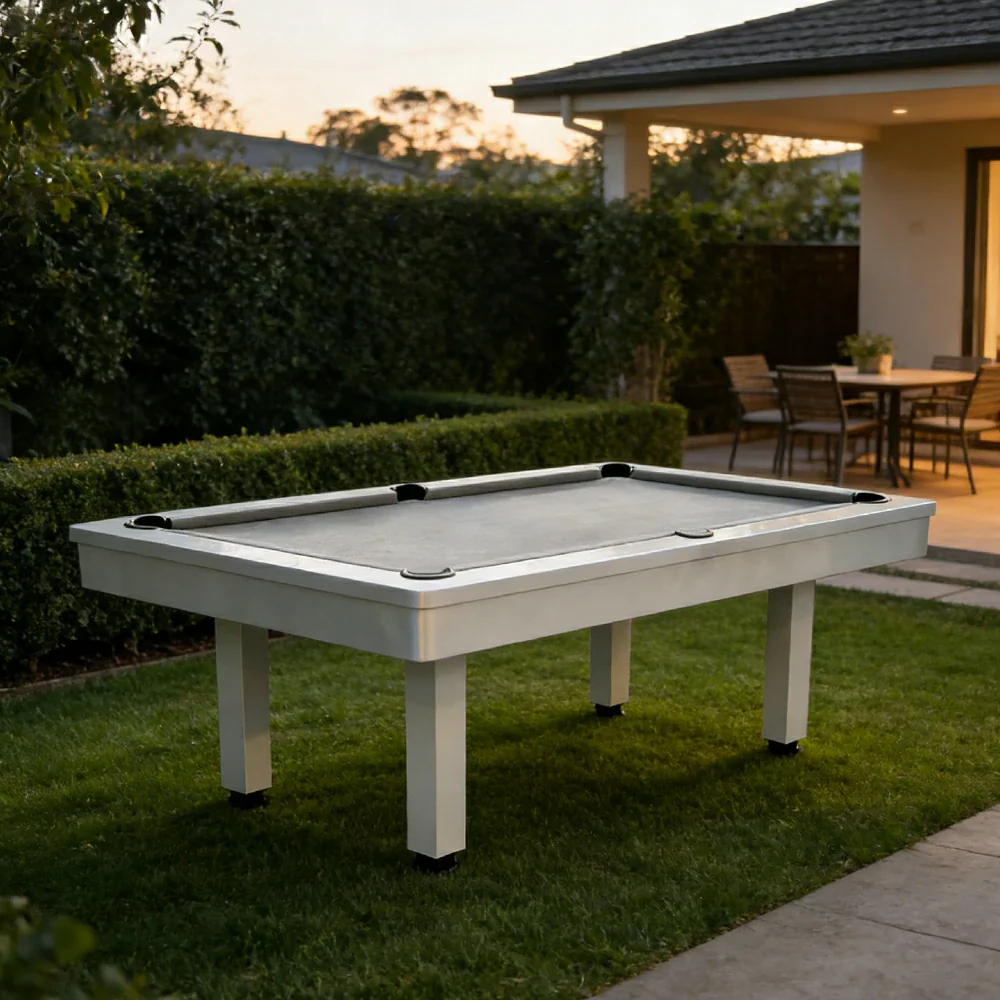 CUETIQ 7FT Outdoor Pool Table - Straight Leg Design Metal Frame Waterproof Billiard Table for Backyard Patio Games - White & Grey - Image 4
