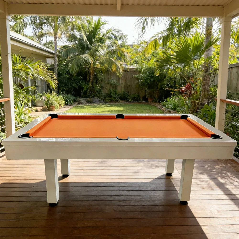 CUETIQ 7FT Outdoor Pool Table - Straight Leg Design Metal Frame Waterproof Billiard Table for Backyard Patio Games - White & Orange - Image 2
