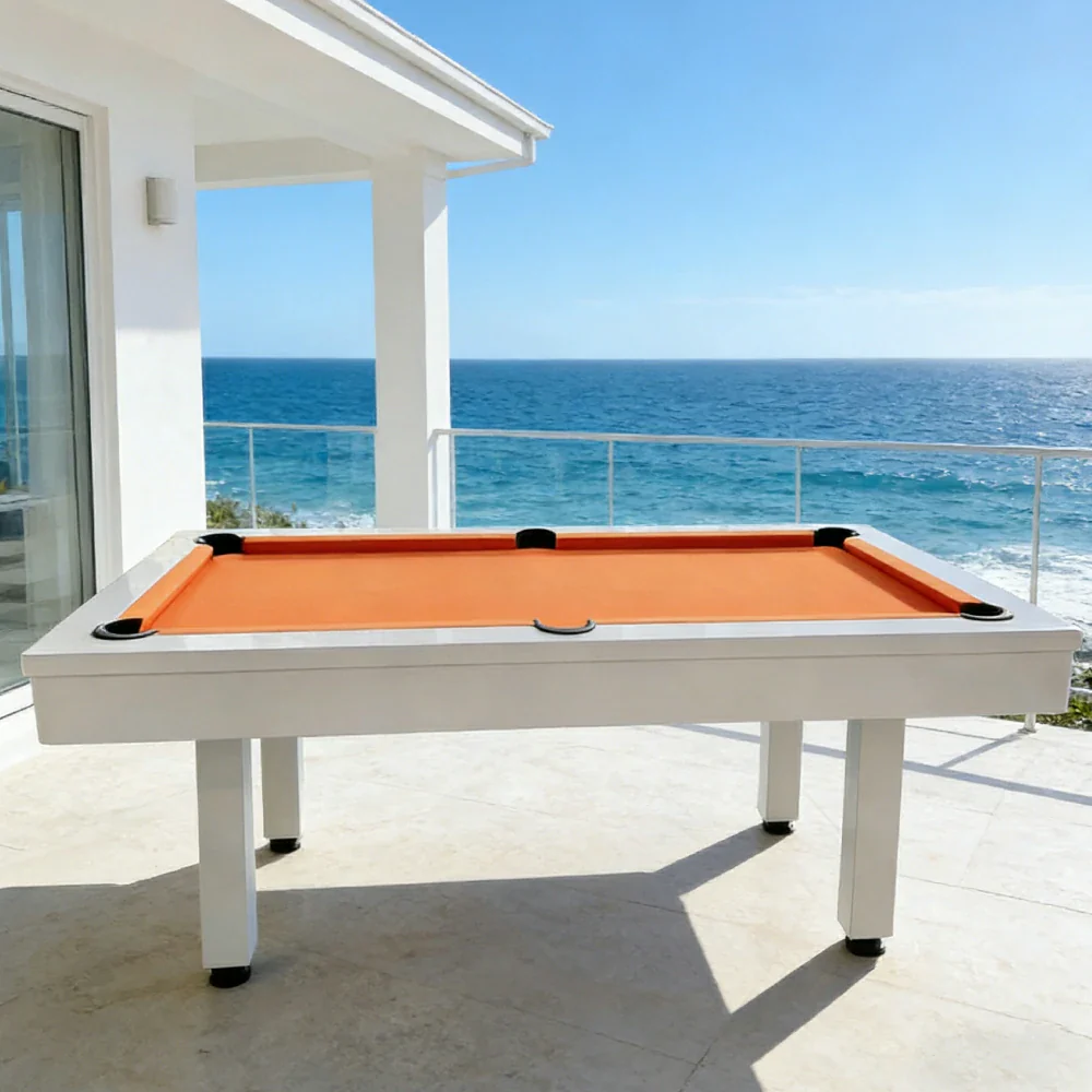 CUETIQ 7FT Outdoor Pool Table - Straight Leg Design Metal Frame Waterproof Billiard Table for Backyard Patio Games - White & Orange - Image 4