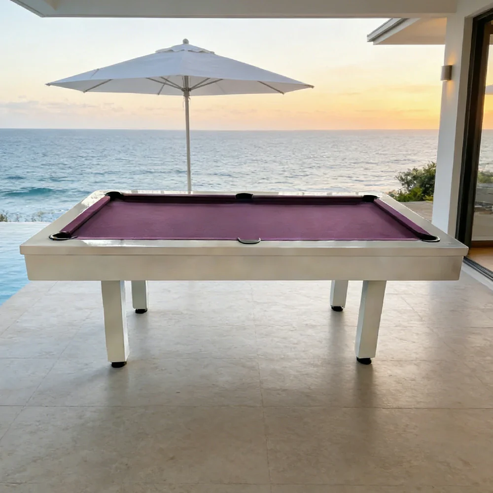 CUETIQ 7FT Outdoor Pool Table - Straight Leg Design Metal Frame Waterproof Billiard Table for Backyard Patio Games - White & Purple - Image 2