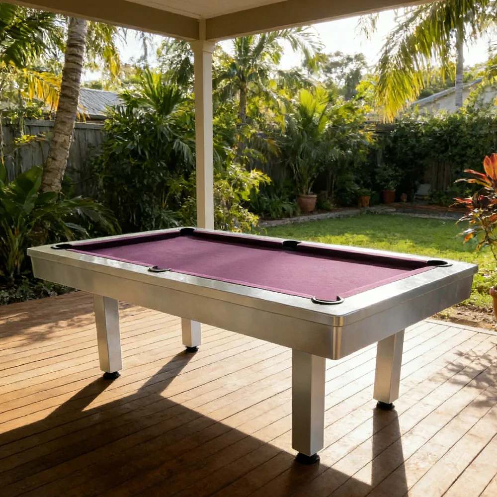 CUETIQ 7FT Outdoor Pool Table - Straight Leg Design Metal Frame Waterproof Billiard Table for Backyard Patio Games - White & Purple - Image 4
