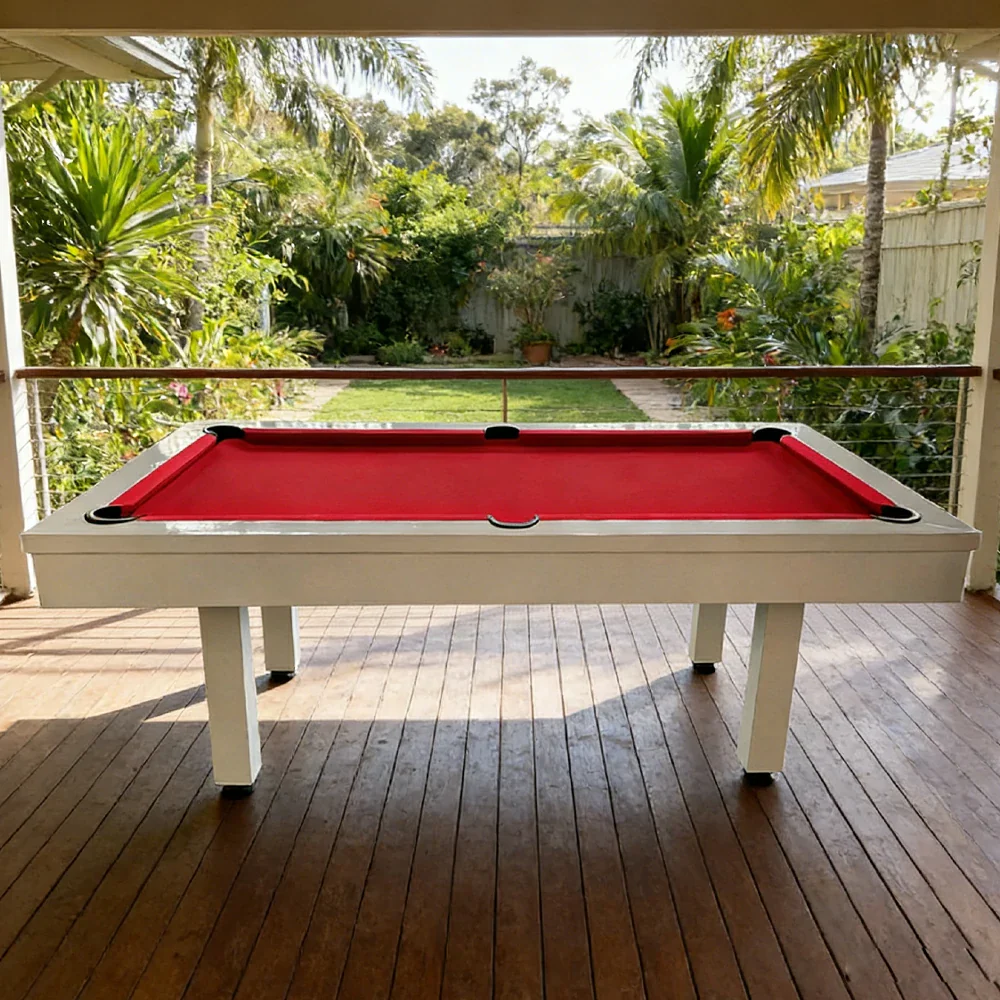 CUETIQ 7FT Outdoor Pool Table - Straight Leg Design Metal Frame Waterproof Billiard Table for Backyard Patio Games - White & Red - Image 2