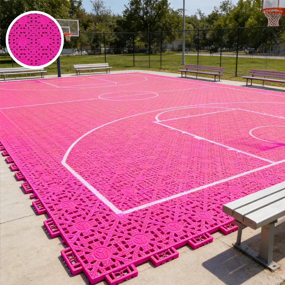 DUNK MASTER Interlocking Sports Floor Tiles - Anti-Slip Shock Absorbing Modular Court Flooring for Basketball Courts 10/20/30 Square Meters - Rose Red - Image 2