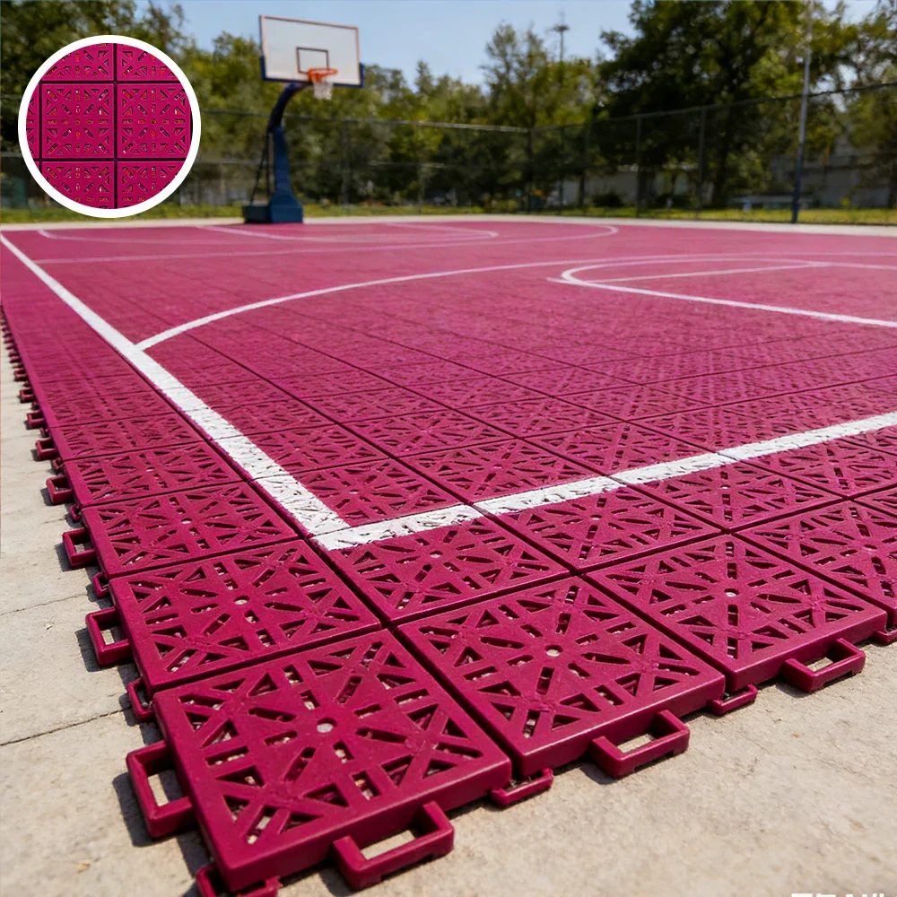 DUNK MASTER Interlocking Sports Floor Tiles - Anti-Slip Shock Absorbing Modular Court Flooring 10/20/30 Square Meters Basketball Court Outdoor Use - Rose Red - Image 2