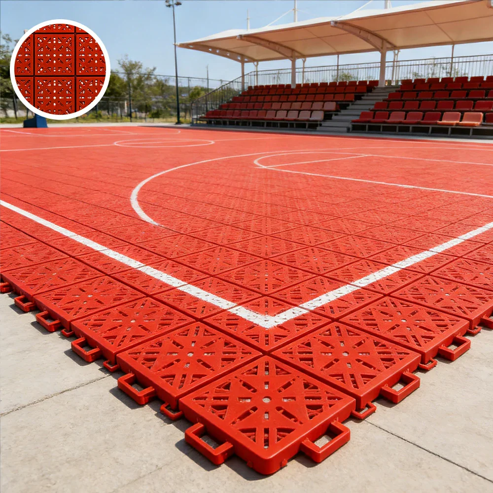 DUNK MASTER Interlocking Sports Floor Tiles - Anti-Slip Shock Absorbing Modular Court Flooring 10/20/30 Square Meters Basketball Court Outdoor Use - Red - Image 2