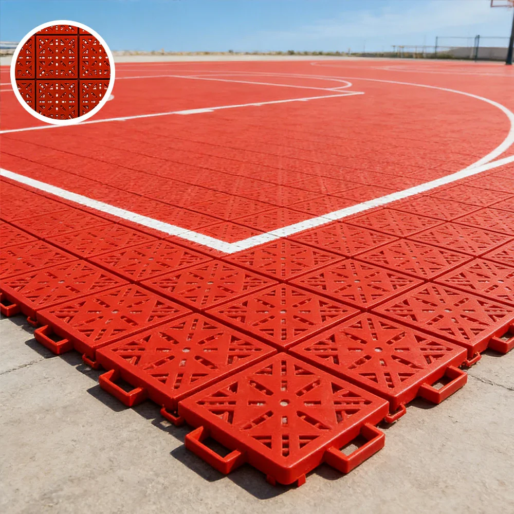 DUNK MASTER Interlocking Sports Floor Tiles - Anti-Slip Shock Absorbing Modular Court Flooring 10/20/30 Square Meters Basketball Court Outdoor Use - Red - Image 4